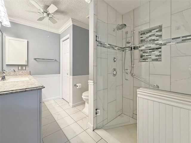 3237 Atwell Ave, The Villages, FL 32162 - full bath featuring marble finish floors, a shower stall, a ceiling fan, vanity, and toilet