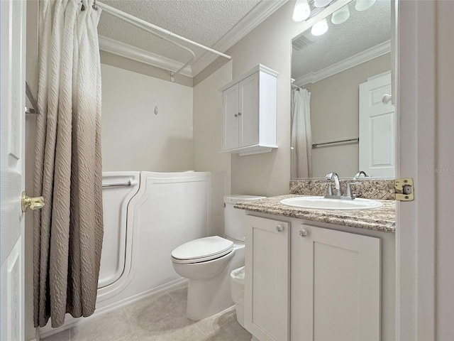 3237 Atwell Ave, The Villages, FL 32162 - bathroom featuring ornamental molding, a textured ceiling, vanity, toilet, and tile patterned floors