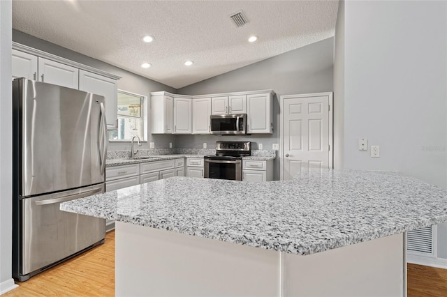 2557 Privada Dr, The Villages, FL 32162 - kitchen featuring stainless steel appliances, a textured ceiling, a sink, lofted ceiling, and light wood-style flooring