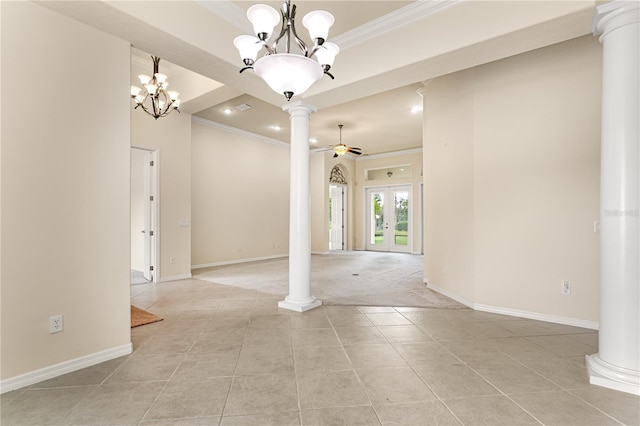 29152 David Ct, Tavares, FL 32778 - unfurnished room with decorative columns, crown molding, light tile patterned floors, a chandelier, and recessed lighting