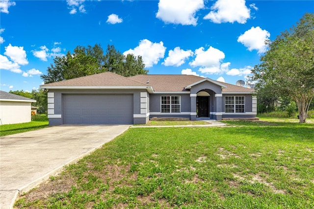 70 Locust Pass Run, Ocala, FL 34472 - ranch-style house with stucco siding, a garage, concrete driveway, and a front yard