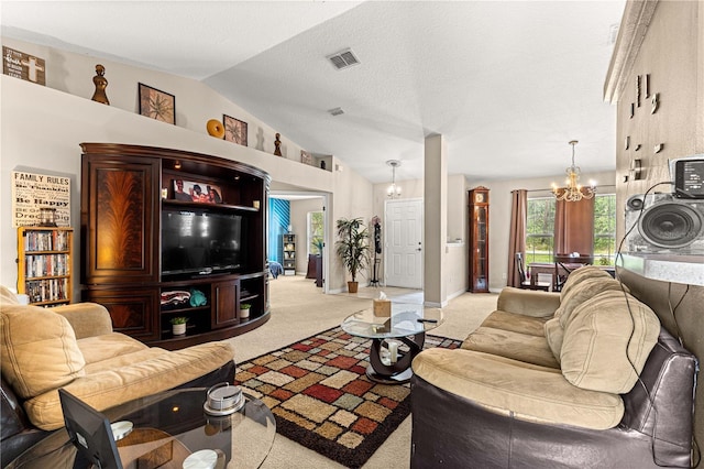70 Locust Pass Run, Ocala, FL 34472 - living area featuring vaulted ceiling, light carpet, and a chandelier