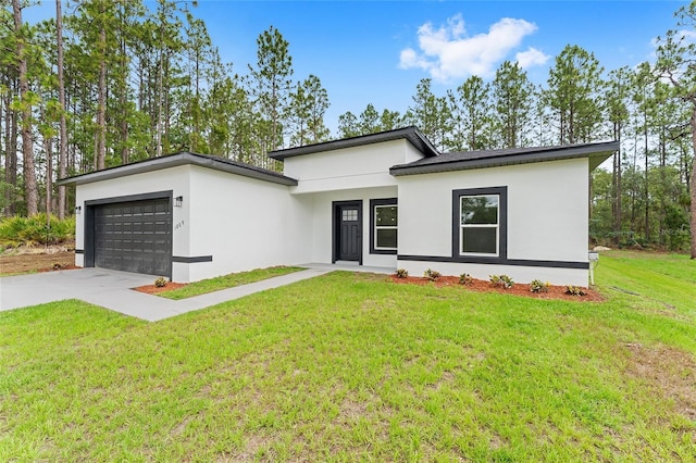 1809 W Linden Dr, Citrus Springs, FL 34434 - view of front of home with a garage, stucco siding, concrete driveway, and a front lawn