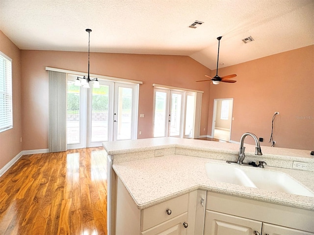 1180 Mesa Verde Ct, Clermont, FL 34711 - kitchen with vaulted ceiling, ceiling fan, light wood-type flooring, plenty of natural light, and hanging light fixtures