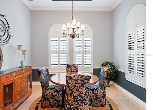 9335 San Jose Blvd, Howey In The Hills, FL 34737 - dining space featuring a chandelier, light tile patterned floors, and ornamental molding