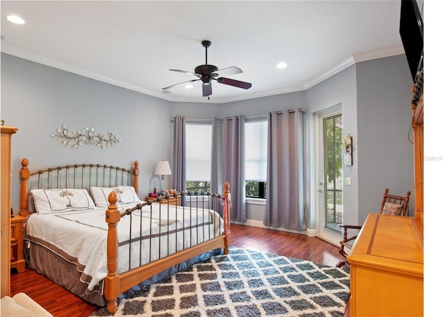 9335 San Jose Blvd, Howey In The Hills, FL 34737 - bedroom featuring access to outside, recessed lighting, ornamental molding, wood finished floors, and a ceiling fan