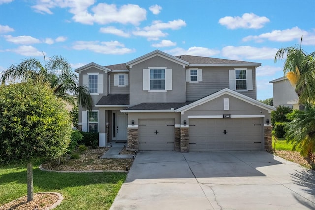 637 Neptune Dr, Groveland, FL 34736 - view of front of home with an attached garage, stone siding, driveway, and a shingled roof