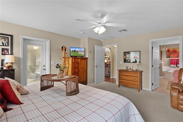 17355 SE 110th Ter, Summerfield, FL 34491 - bedroom with ensuite bath, arched walkways, light carpet, and ceiling fan