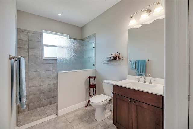 6008 Apex Way, Lady Lake, FL 32159 - full bath featuring a walk in shower, toilet, vanity, tile patterned flooring, and baseboards