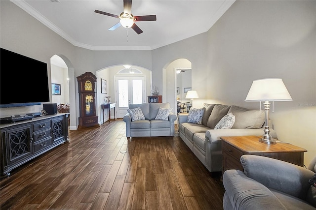 6008 Apex Way, Lady Lake, FL 32159 - living area featuring arched walkways, a ceiling fan, dark wood-style floors, ornamental molding, and baseboards