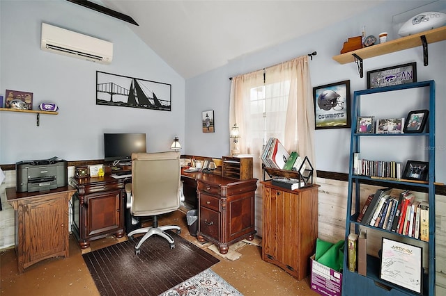 27212 Orange Ave, Yalaha, FL 34797 - office featuring an AC wall unit, vaulted ceiling, and finished concrete flooring