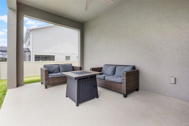 391 Cheeota Ct, Minneola, FL 34715 - view of patio with an outdoor living space with a fire pit and ceiling fan