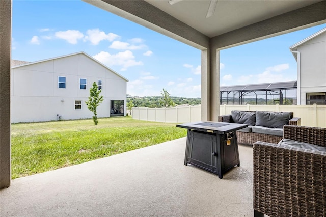 391 Cheeota Ct, Minneola, FL 34715 - view of patio / terrace featuring an outdoor living space with a fire pit and a ceiling fan