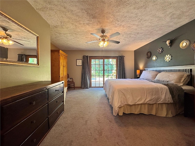 3664 SE 45th Pl, Ocala, FL 34480 - bedroom with access to exterior, light carpet, a textured ceiling, and ceiling fan