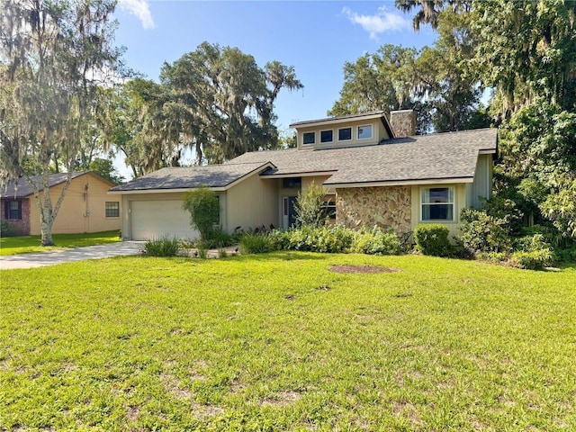 3664 SE 45th Pl, Ocala, FL 34480 - mid-century modern home with concrete driveway, a shingled roof, an attached garage, stone siding, and a chimney