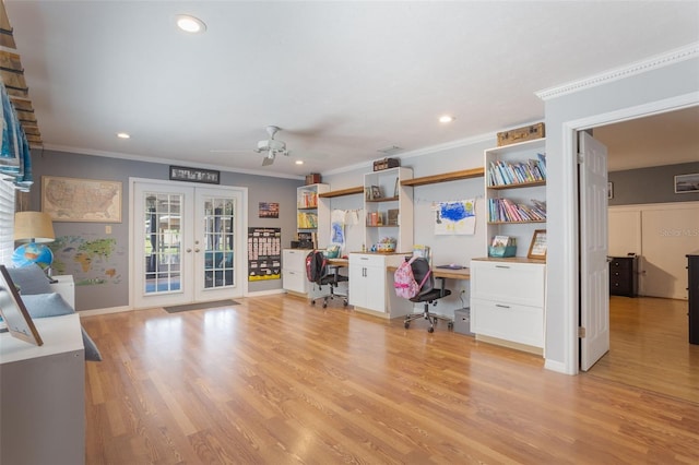 11750 Watts Ct, Tavares, FL 32778 - home office featuring french doors, a ceiling fan, ornamental molding, light wood-style flooring, and recessed lighting