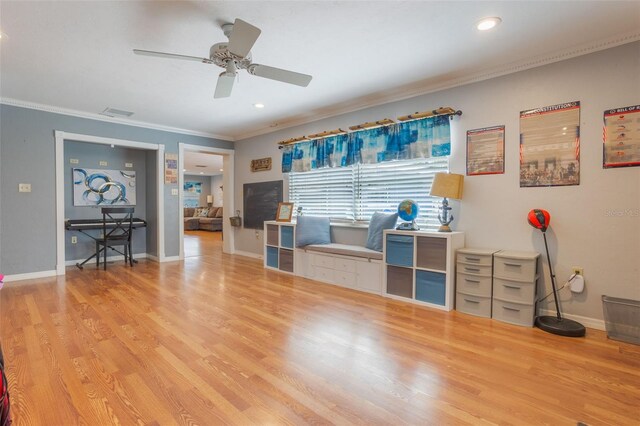 11750 Watts Ct, Tavares, FL 32778 - home office with ornamental molding, a ceiling fan, light wood finished floors, and recessed lighting