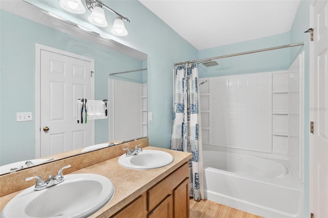 2336 Martins Run, Tavares, FL 32778 - bathroom featuring shower / bath combination with curtain, double vanity, and wood finished floors
