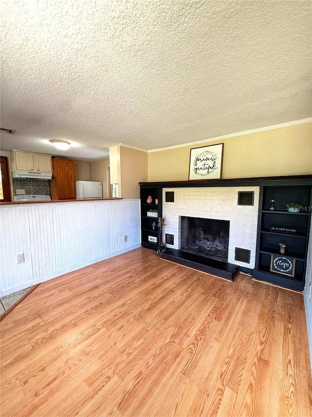 100 W Idlewild Ave, Eustis, FL 32726 - unfurnished living room featuring light wood-style flooring, a textured ceiling, and a fireplace with raised hearth
