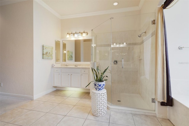 1426 Lakemist Ln, Clermont, FL 34711 - full bathroom featuring ornamental molding, a shower stall, vanity, tile patterned floors, and a tub