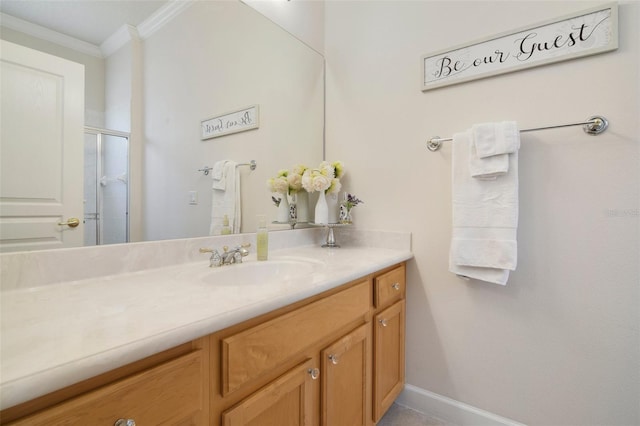 1426 Lakemist Ln, Clermont, FL 34711 - bathroom featuring ornamental molding, vanity, and a shower with shower door