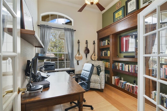 1426 Lakemist Ln, Clermont, FL 34711 - office with crown molding, a ceiling fan, and wood finished floors