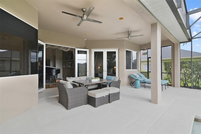 1426 Lakemist Ln, Clermont, FL 34711 - view of patio / terrace with a ceiling fan, french doors, a lanai, and outdoor dining space