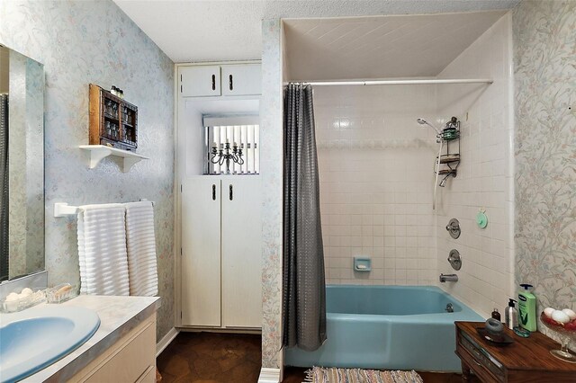 672 E Belt Ave, Bushnell, FL 33513 - bathroom with vanity, wallpapered walls, and shower / bathtub combination with curtain