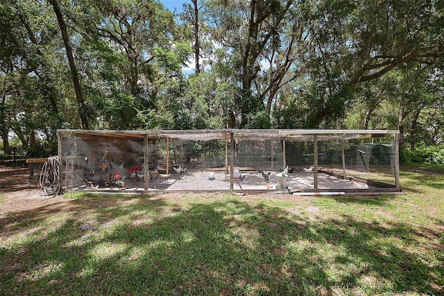672 E Belt Ave, Bushnell, FL 33513 - view of green lawn with exterior structure, an outdoor structure, and view of wooded area