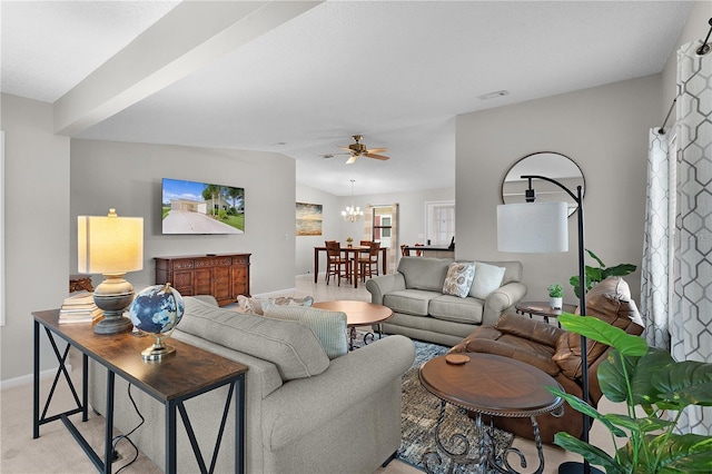 1815 Kaufman Cir, Lady Lake, FL 32159 - living room with a chandelier, light carpet, lofted ceiling, and ceiling fan