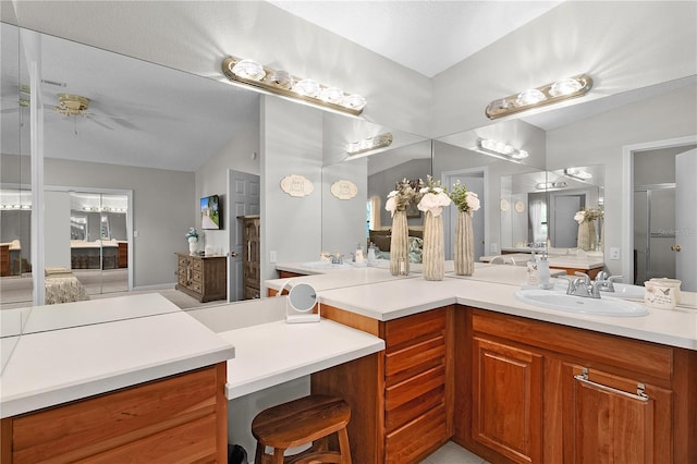 1815 Kaufman Cir, Lady Lake, FL 32159 - full bath with lofted ceiling, vanity, ceiling fan, and a shower with shower door