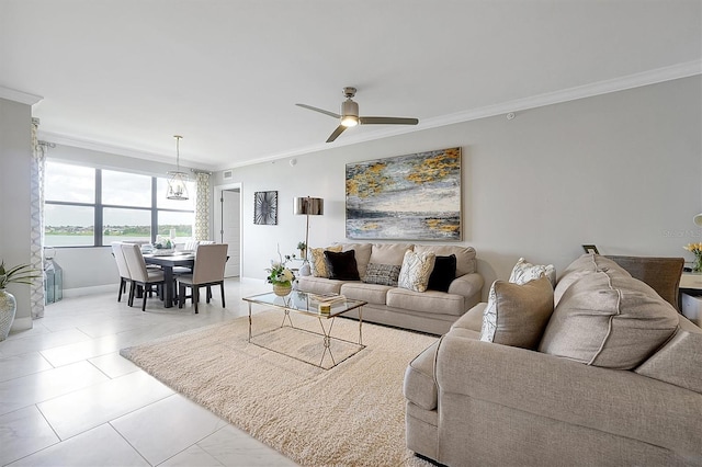 16300 County Road 455 Unit 202, Montverde, FL 34756 - living area featuring crown molding, a ceiling fan, and light tile patterned floors
