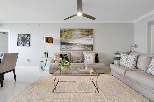 16300 County Road 455 Unit 202, Montverde, FL 34756 - living area with crown molding, ceiling fan, and baseboards
