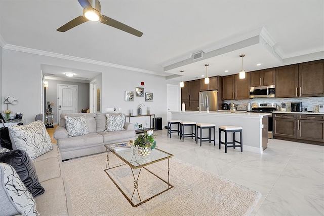 16300 County Road 455 Unit 202, Montverde, FL 34756 - living area with ceiling fan, ornamental molding, and light marble finish flooring