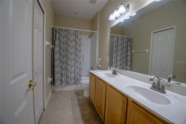 1355 Misty Glen Ln, Clermont, FL 34711 - bathroom with double vanity, tile patterned flooring, and shower / tub combo with curtain