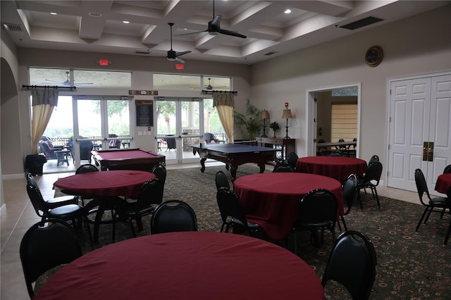 1355 Misty Glen Ln, Clermont, FL 34711 - tiled dining room with a ceiling fan, a high ceiling, billiards, coffered ceiling, and beam ceiling