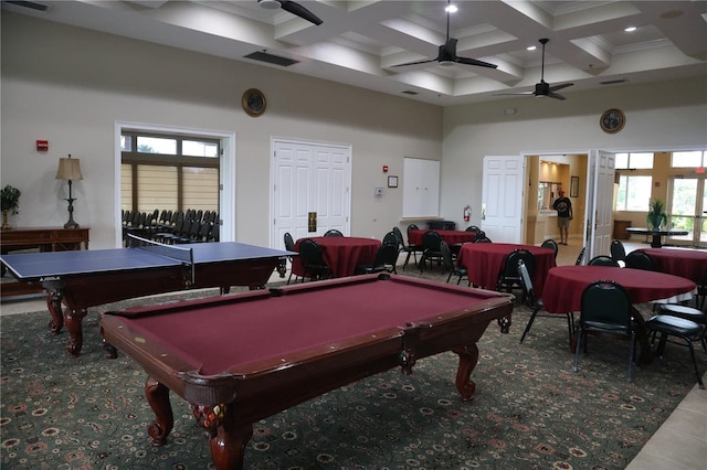 1355 Misty Glen Ln, Clermont, FL 34711 - game room featuring a high ceiling, billiards, coffered ceiling, a ceiling fan, and beamed ceiling