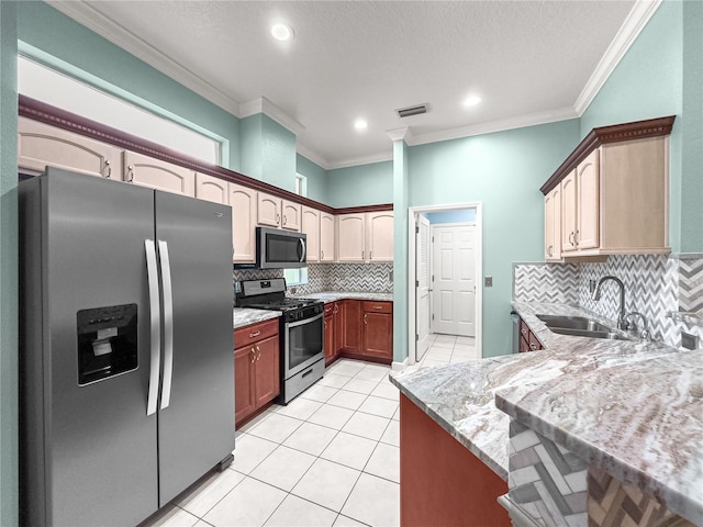 8045 Waterbury Way, Mount Dora, FL 32757 - kitchen with stainless steel appliances, light tile patterned floors, crown molding, light stone counters, and tasteful backsplash