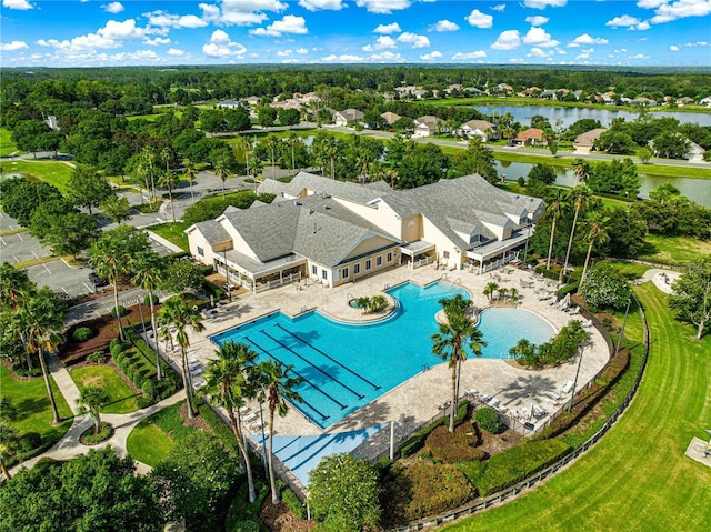 8045 Waterbury Way, Mount Dora, FL 32757 - bird's eye view of a pool area and a nearby body of water