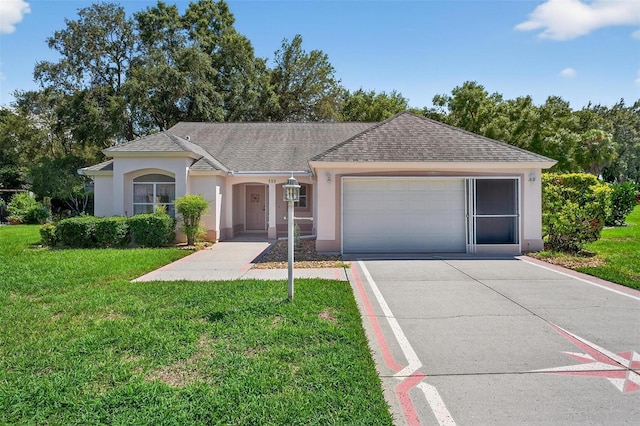 206 Palermo Pl, Lady Lake, FL 32159 - ranch-style home featuring stucco siding, driveway, an attached garage, a front yard, and roof with shingles