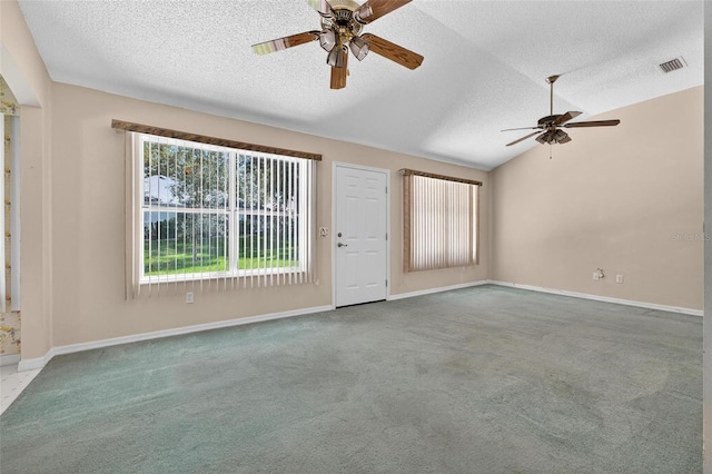 206 Palermo Pl, Lady Lake, FL 32159 - spare room featuring a ceiling fan, healthy amount of natural light, carpet flooring, a textured ceiling, and vaulted ceiling