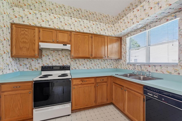 206 Palermo Pl, Lady Lake, FL 32159 - kitchen with range with electric stovetop, wallpapered walls, under cabinet range hood, black dishwasher, and light countertops
