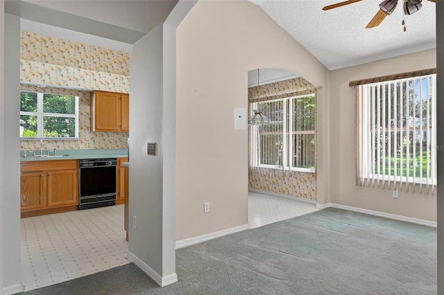 206 Palermo Pl, Lady Lake, FL 32159 - kitchen with dishwasher, light colored carpet, ceiling fan, lofted ceiling, and light countertops