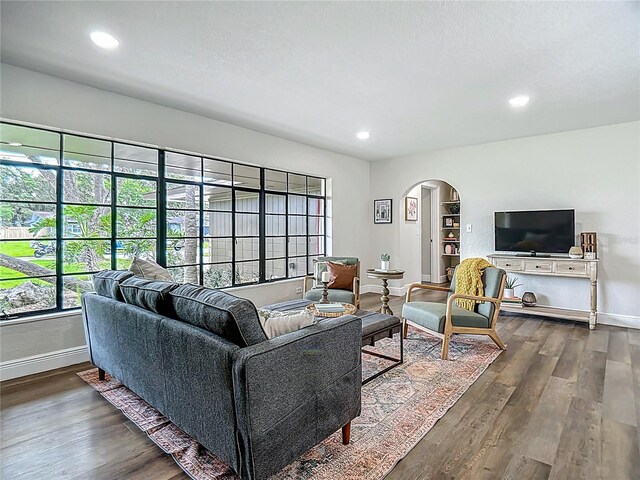 1611 Canal, Tavares, FL 32778 - living room with arched walkways, dark wood-style flooring, and recessed lighting
