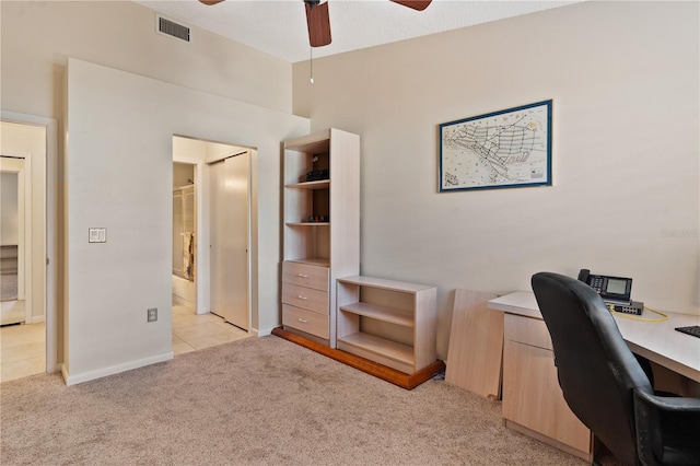 5512 Rosewall Cir, Leesburg, FL 34748 - home office featuring ceiling fan, light colored carpet, and light tile patterned floors