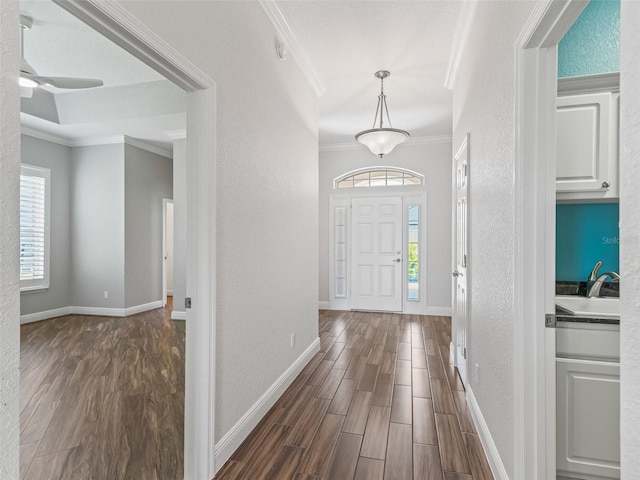 12198 SE 176th Loop, Summerfield, FL 34491 - foyer featuring dark wood-style floors, a textured wall, healthy amount of natural light, and ornamental molding