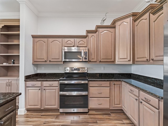 12198 SE 176th Loop, Summerfield, FL 34491 - kitchen featuring appliances with stainless steel finishes, ornamental molding, wood finish floors, and dark stone counters