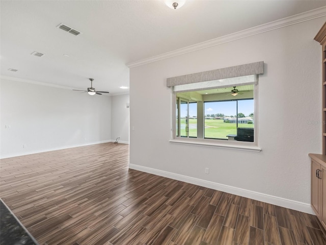 12198 SE 176th Loop, Summerfield, FL 34491 - unfurnished living room with ceiling fan, dark wood-style floors, and ornamental molding