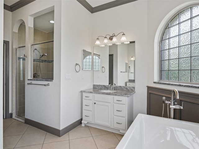 12198 SE 176th Loop, Summerfield, FL 34491 - bathroom with a freestanding bath, a shower stall, vanity, healthy amount of natural light, and ornamental molding