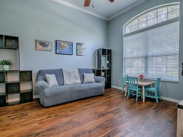 359 Blue Branch St, Eustis, FL 32736 - living area featuring crown molding, a ceiling fan, and wood finished floors